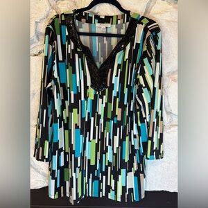JM Collection | Women’s V-Neck Tunic Blouse with Sequined Neckline, Size XL
